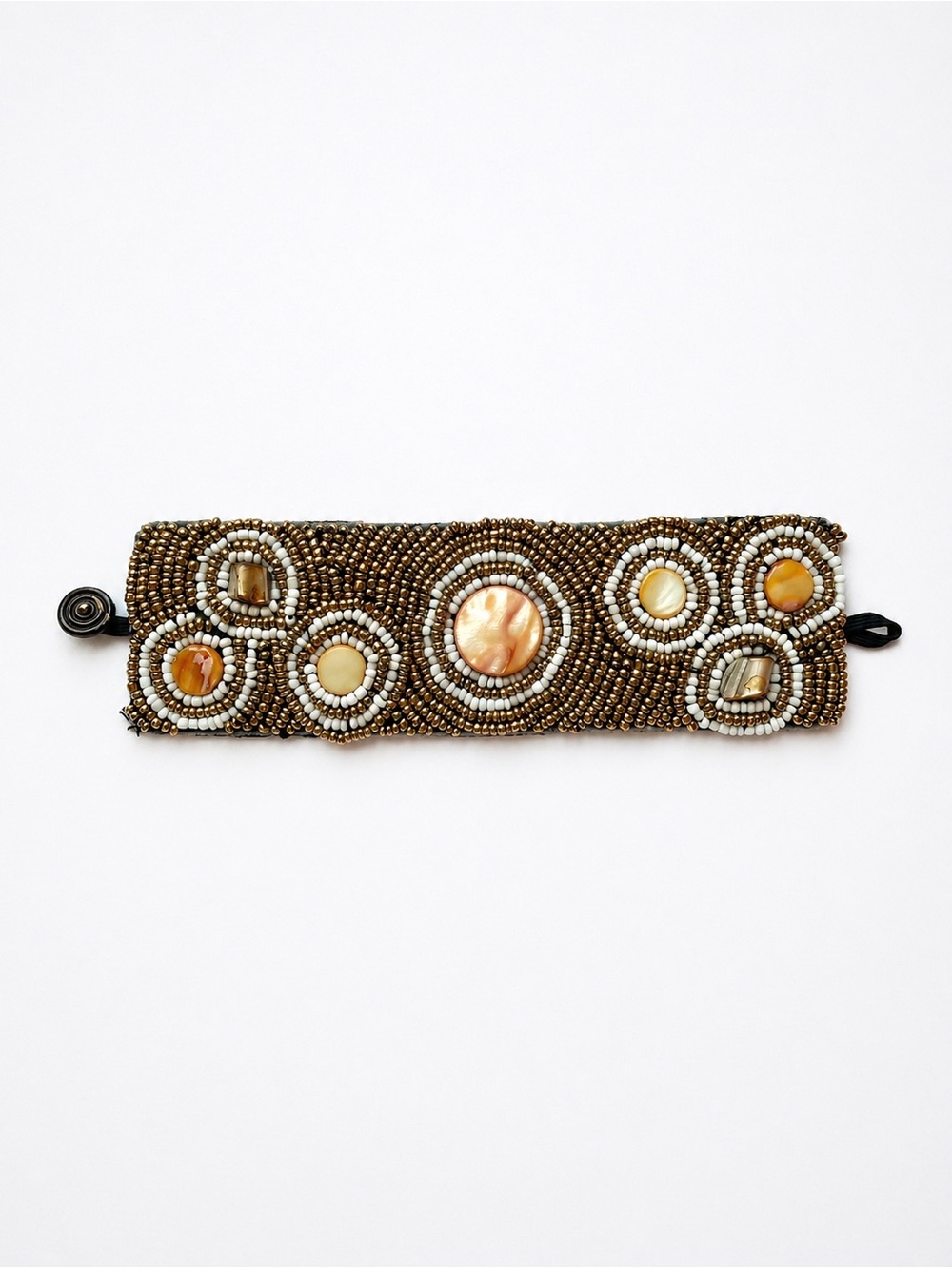 Handmade Beaded Cuff Bracelet Gold Shell Artisan Resort Statement Made in Panama